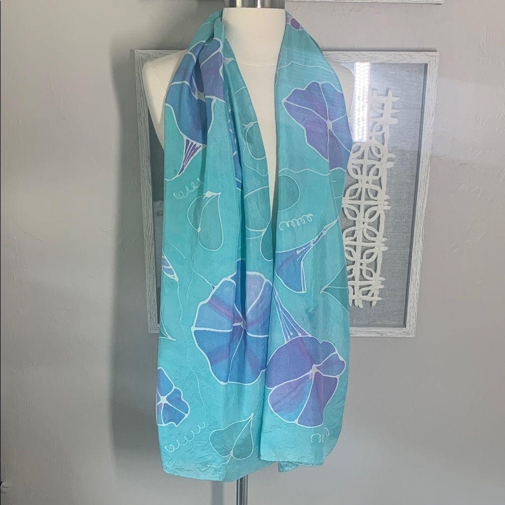 Turquoise and periwinkle blue floral silk scarf